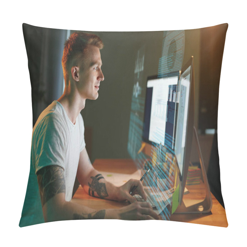 Personality  Programmer Coding On Holographic Display. Man Creating App, Programming Software On Computer. High Resolution Pillow Covers