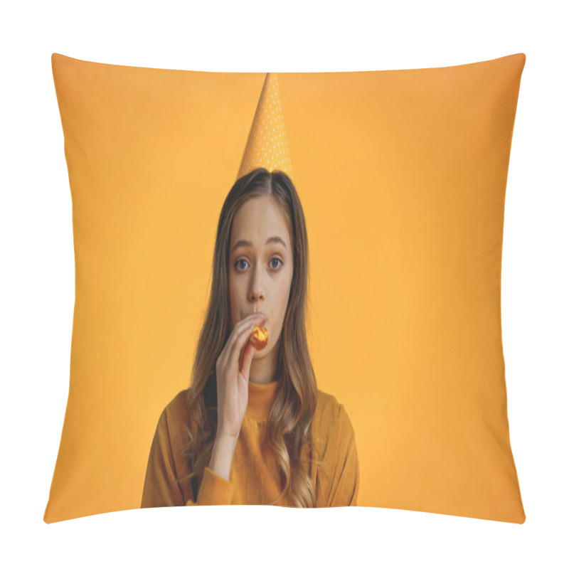 Personality  Teenage Girl In Party Cap Blowing Party Horn Isolated On Yellow Pillow Covers