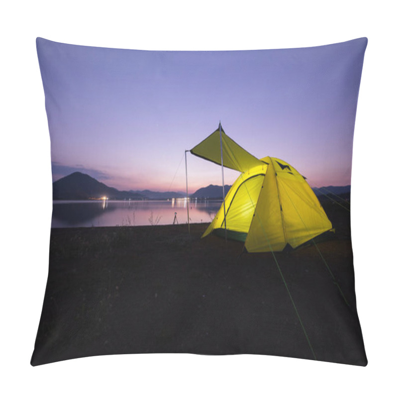 Personality  Camping Tent On Green Grass Field Under Cloudy Sky At Night Time Pillow Covers