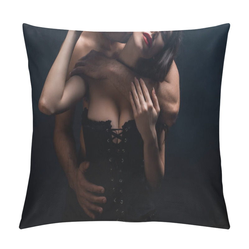 Personality  Shirtless Man Hugging And Kissing Sexy Girlfriend In Corset Isolated On Black Pillow Covers