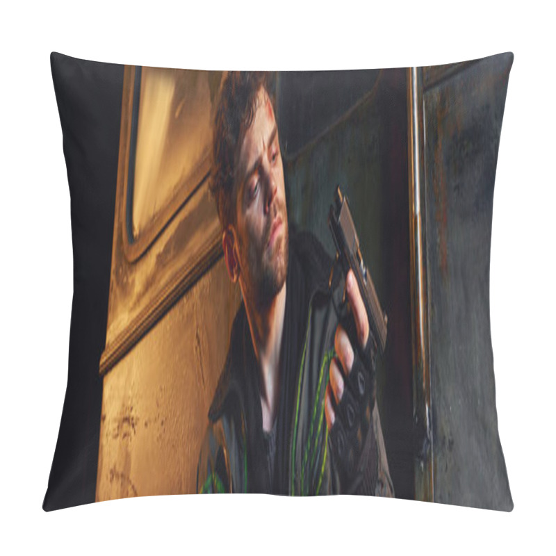 Personality  Man With Injured Face Looking At Gun In Abandoned Subway, Post-apocalyptic Survivor, Banner Pillow Covers