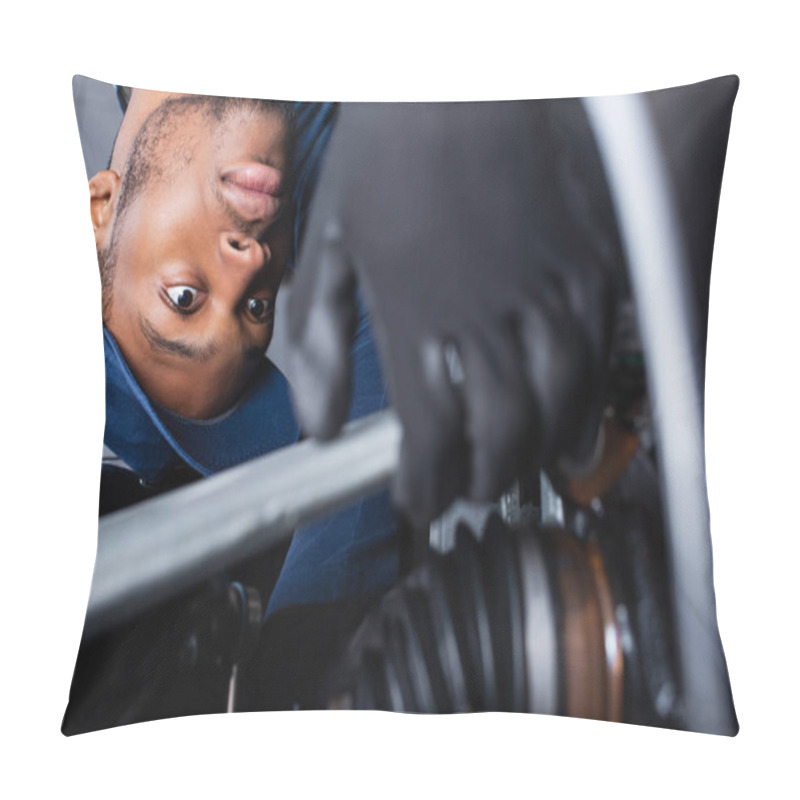 Personality  African American Foreman Making Diagnostics Of Car On Blurred Foreground Pillow Covers