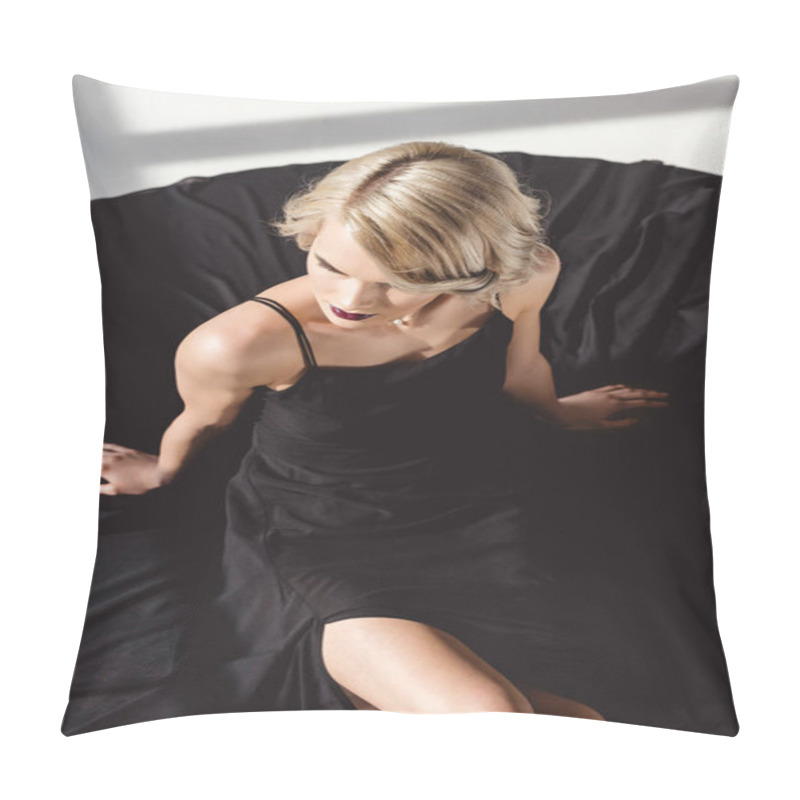 Personality  Blonde Girl Posing In Elegant Black Dress For Fashion Shoot Pillow Covers