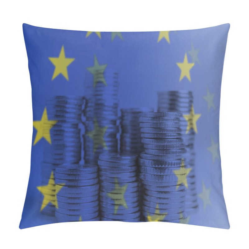 Personality  Double Exposure Of European Union Flag And Coins On Table, Closeup View Pillow Covers