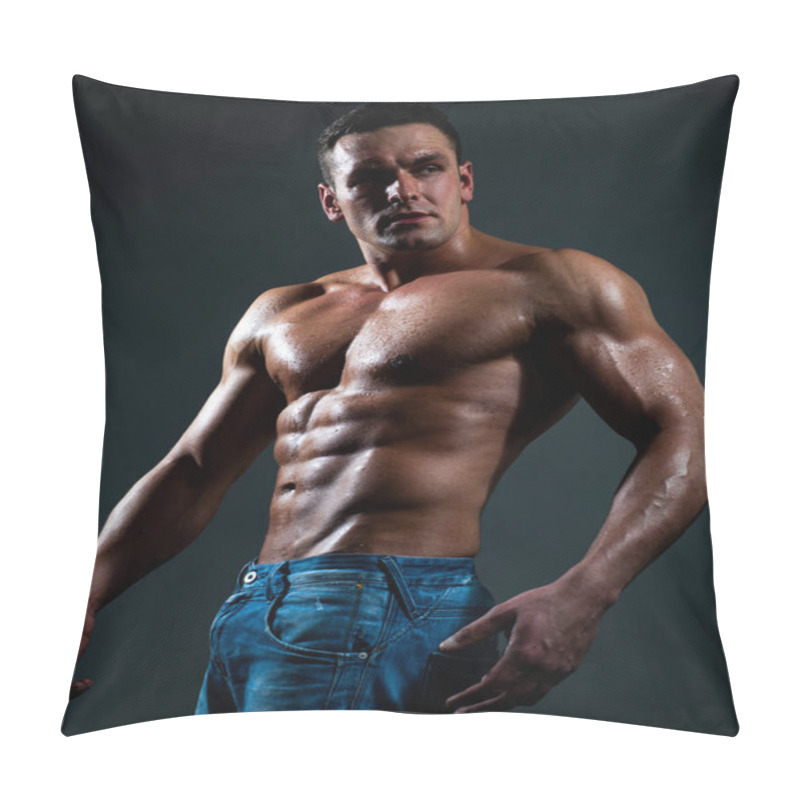 Personality  Sexy Caucasian Man In Jeans Standing With Naked Torso, Guy Showing Six-pack Abdominal Abs, Have Perfect Body, Dark Black Background. Pillow Covers