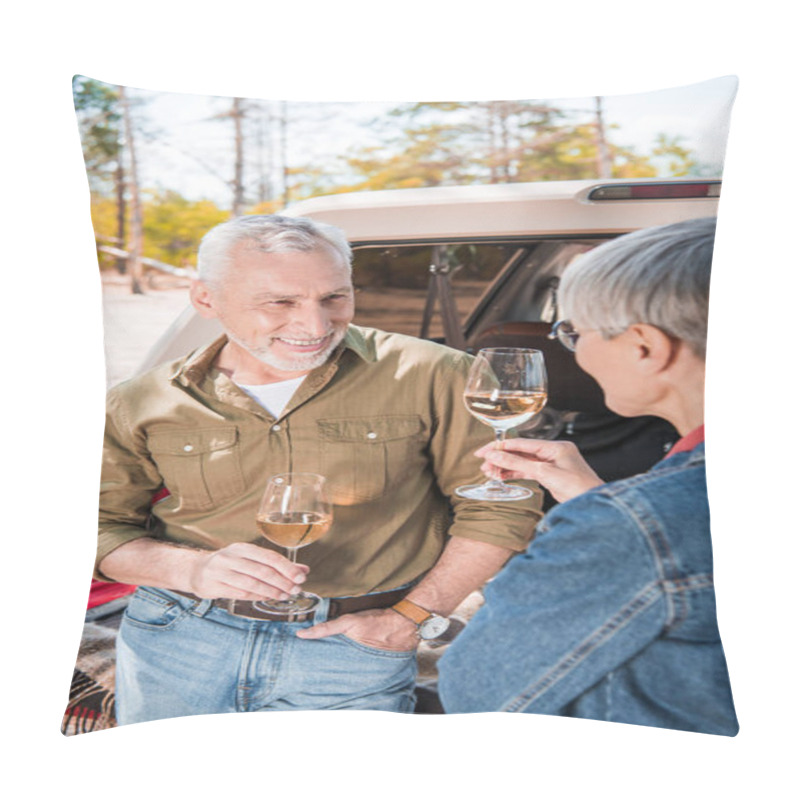 Personality  Happy Senior Couple Standing Near Car With Wine Glasses And Looking At Each Other Pillow Covers