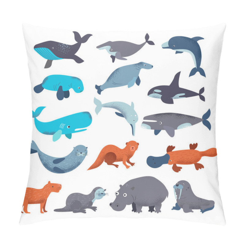 Personality  Sea Mammal Vector Water Animal Character Dolphin Walrus And Whale In Sealife Or Ocean Illustration Marine Set Of Seal Or Hippo Illustration Set Isolated On White Background Pillow Covers