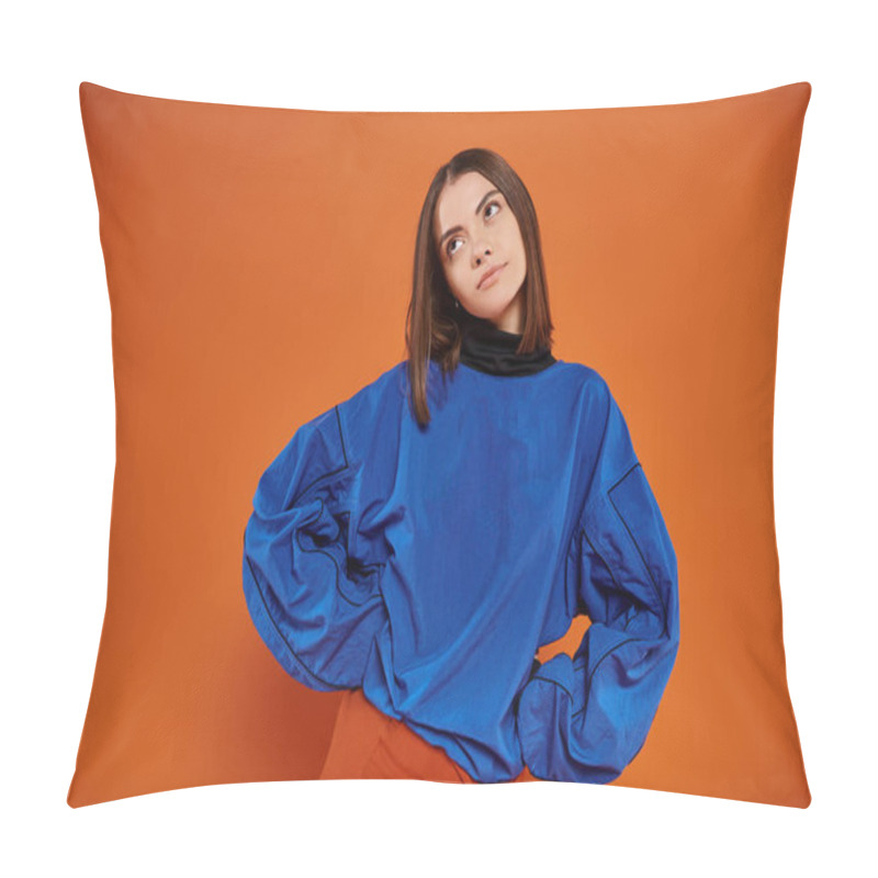 Personality  Displeased Young Woman With Pierced Nose Standing With Hands On Hips On Orange Backdrop, Look Away Pillow Covers