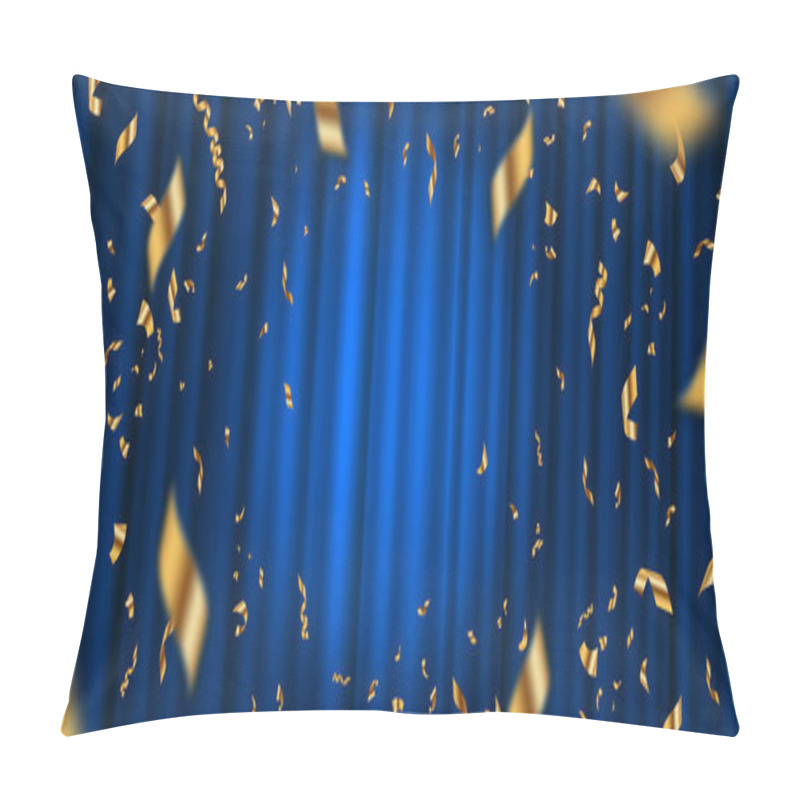 Personality  Spotlight On Blue Curtain Background And Falling Golden Confetti. Vector Illustration. Pillow Covers