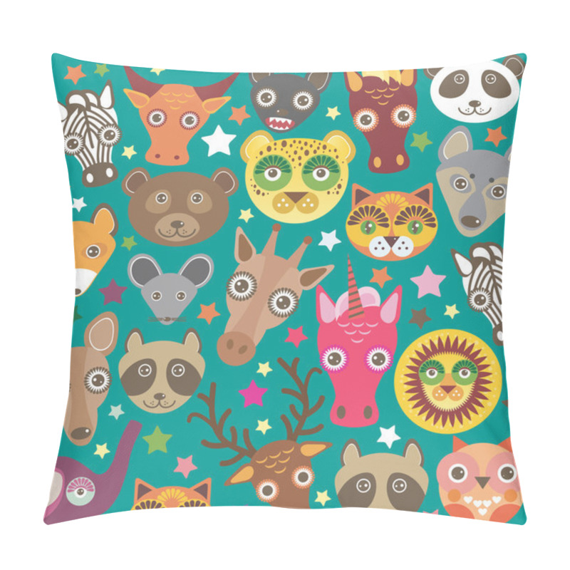 Personality  Set Of Funny Animals Muzzle Seamless Pattern. Teal Background With Stars. Vector Pillow Covers