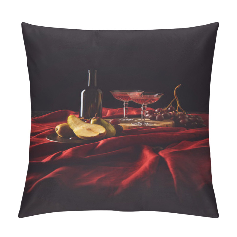 Personality  Still Life With Pears, Grapes And Wine In Bottle And Crystal Glasses On Red Drapery On Black Pillow Covers