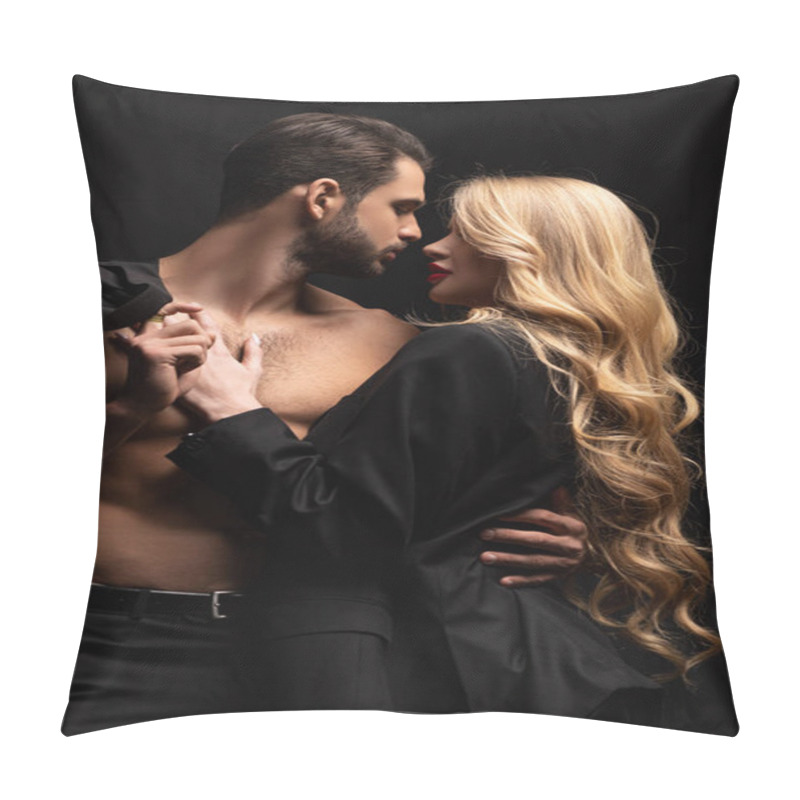 Personality  Young Woman And Sexy Muscular Man Looking At Each Other Isolated On Black  Pillow Covers