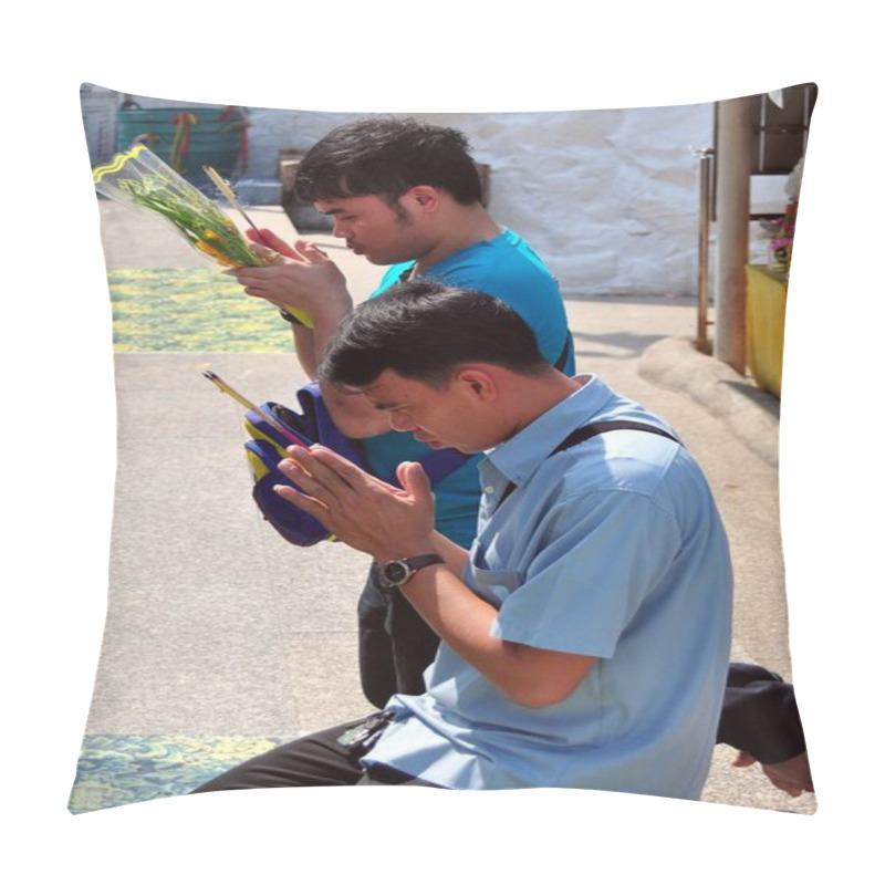 Personality  Saraburi, Thailand: Thai Men Praying At Wat Phra Phuttahabat Pillow Covers