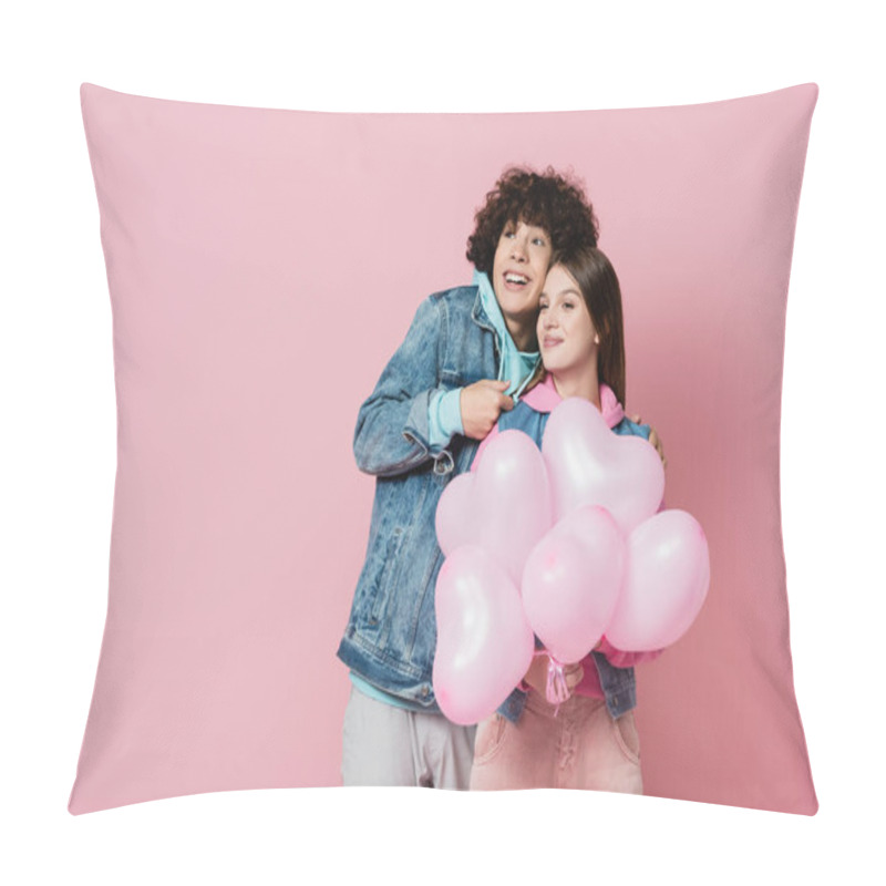 Personality  Cheerful Teenager Sanding Near Girlfriend With Balloons Isolated On Pink Pillow Covers