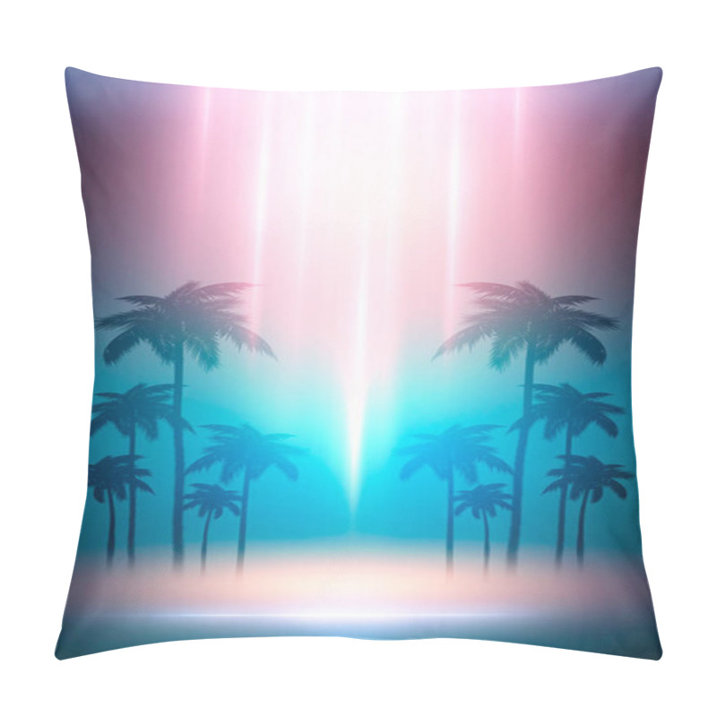 Personality  Empty Dark Tropical Background Of Night Sea Beach, Neon Light, City Lights. Silhouettes Of Tropical Palm Trees On A Background Of Bright Abstract Sunset. Modern Futuristic Landscape. 3d Illustration Pillow Covers