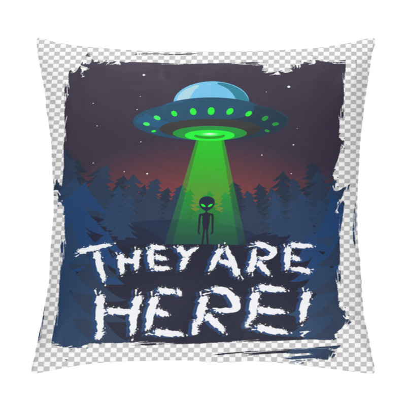 Personality  Alien Invasion On Earth. UFO At Night. Poster Artwork On Isolated Background Pillow Covers