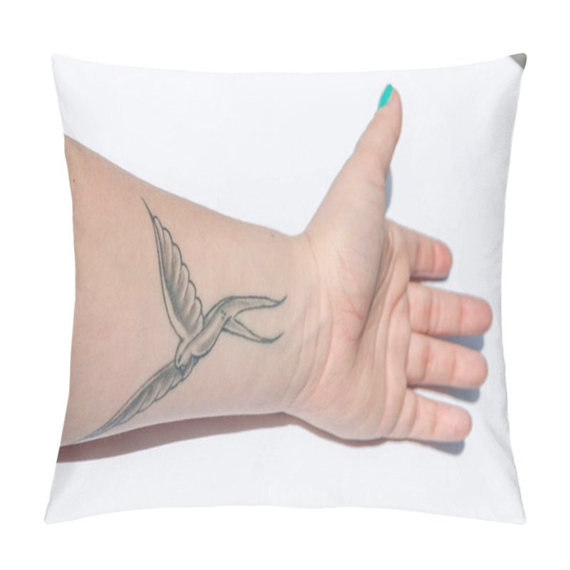 Personality  A Tattoo Of A Bird, Here It Is A Swallow On A Forearm. Pillow Covers