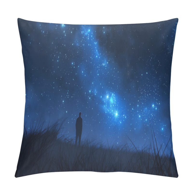 Personality  A Solitary Figure Gazing At A Night Sky Filled With Countless Sparkling Stars, Embracing The Vastness. Pillow Covers