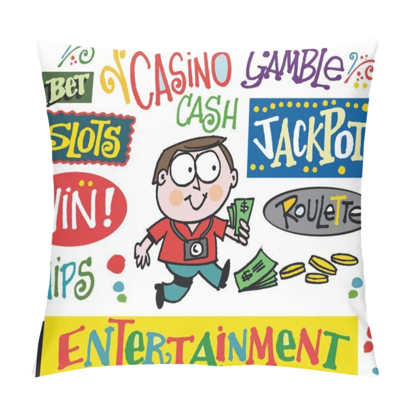 Personality  Vector Cartoon Of Man Winning Money With Casino Signs. Pillow Covers