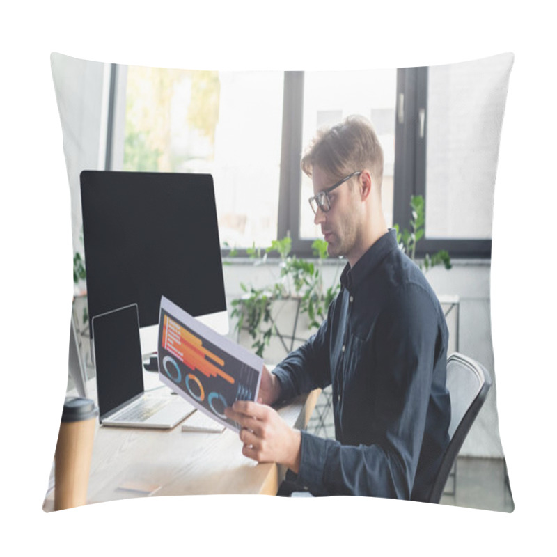 Personality  Side View Of Programmer Working With Paper Near Computers And Coffee In Office  Pillow Covers