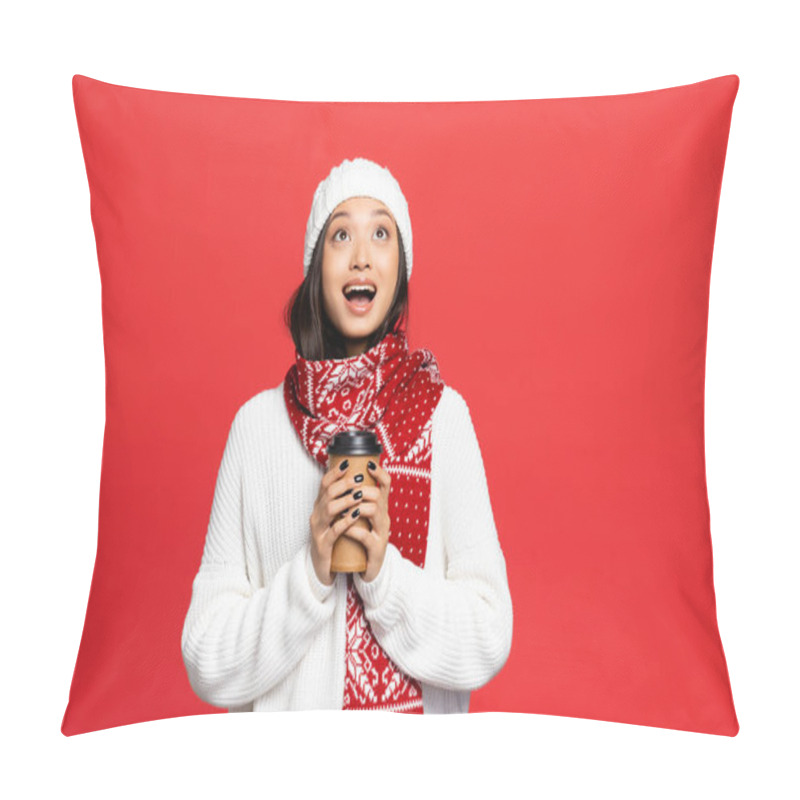 Personality  Excited Asian Woman In Hat And Scarf Holding Disposable Cup With Coffee To Go Isolated On Red Pillow Covers