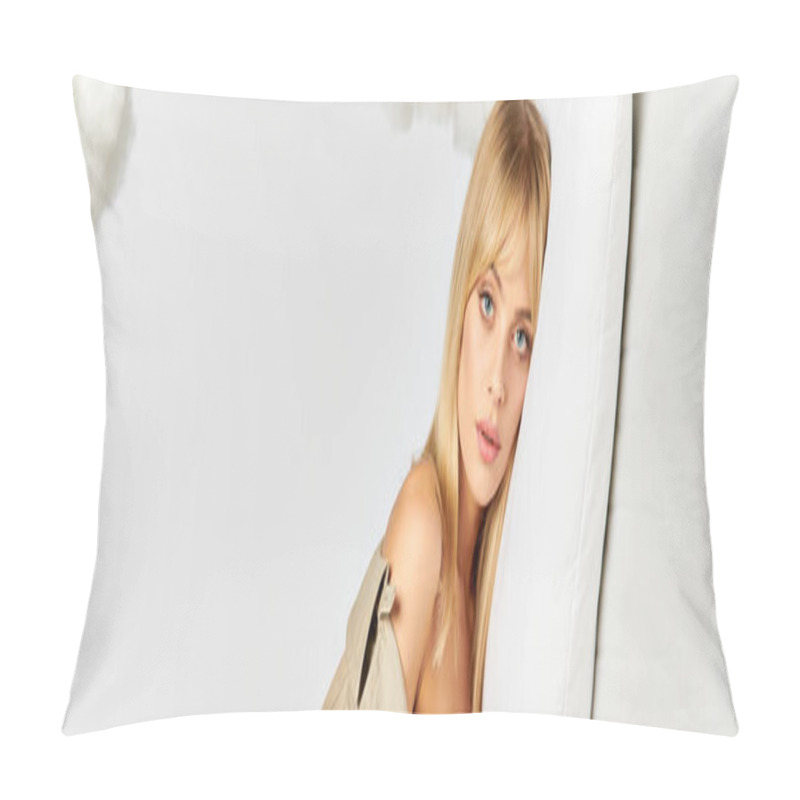 Personality  A Blonde Woman Leans Against A White Matress. Pillow Covers