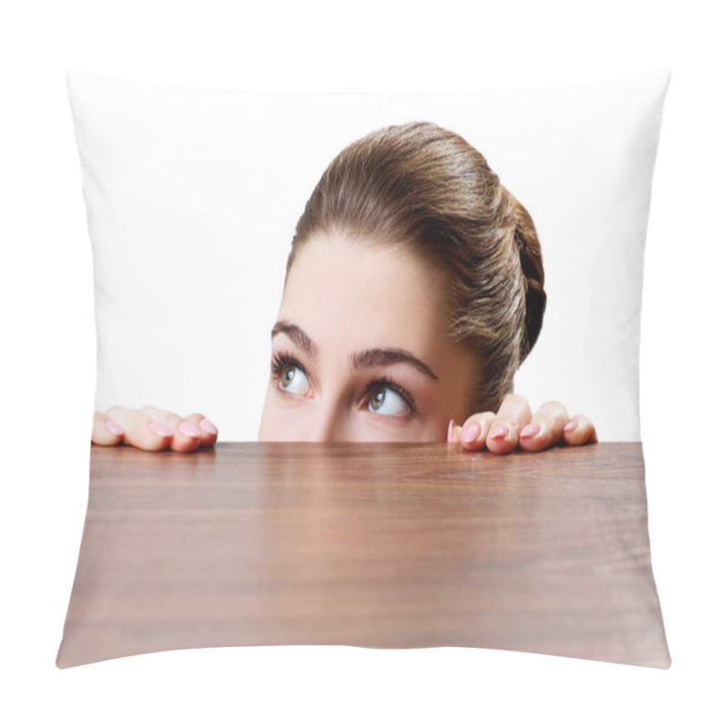 Personality  Woman Peeping Under The Edge Of Wooden Table. Pillow Covers