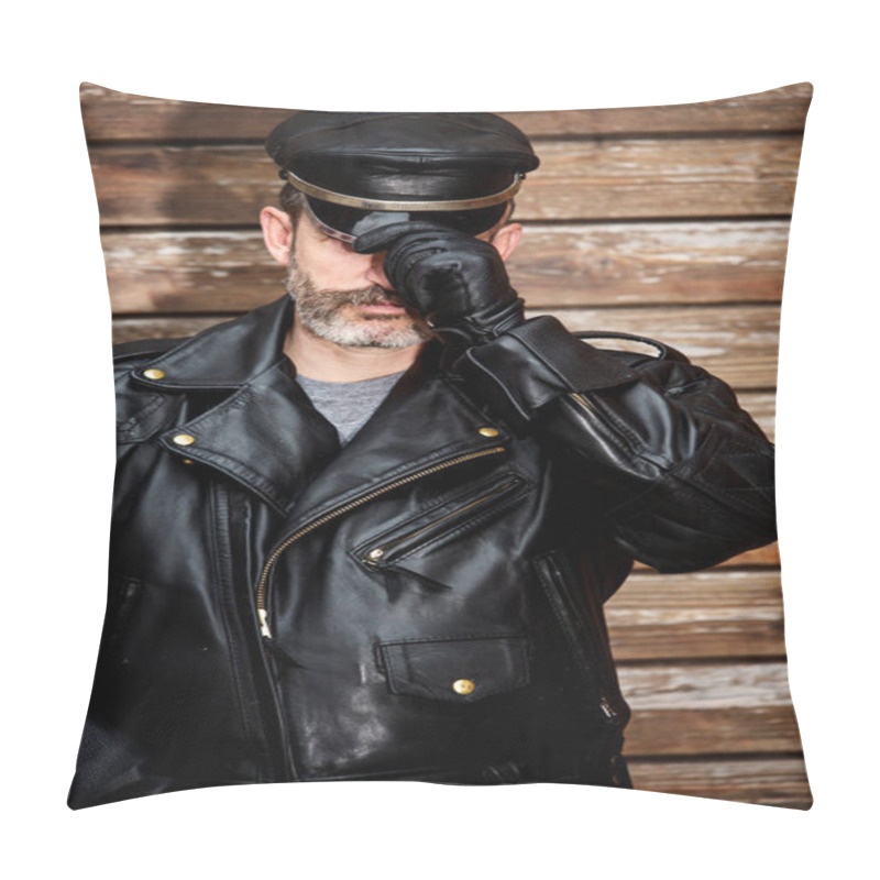 Personality  Handsome Sexy Bearded Man Dressed In Black Leather Pillow Covers