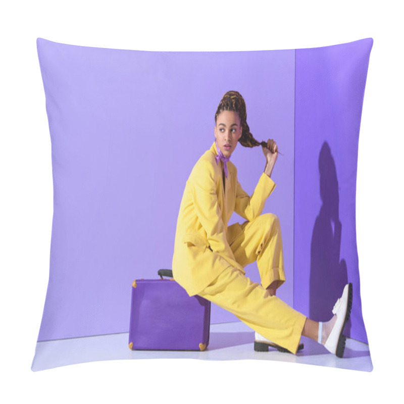 Personality  African American Girl Posing In Yellow Suit Sitting On Purple Suitcase, On Trendy Ultra Violet Background Pillow Covers