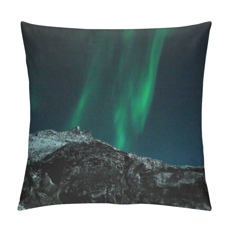 Personality  Bright Green Colours Of The Northern Light, Aurora Borealis Illuminate The Night Sky Over The Beach At Mjelle, In Arctic Norway. Pillow Covers