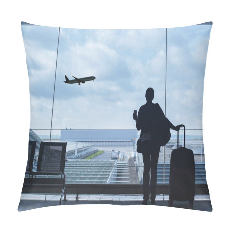 Personality  Traveler In Airport Looking At The Plane Taking Off Pillow Covers