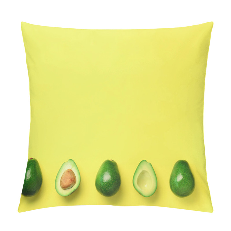 Personality  Organic Avocado With Seed, Avocado Halves And Whole Fruits On Yellow Background. Top View. Square Crop. Pop Art Design, Creative Summer Food Concept. Green Avocadoes Pattern In Minimal Flat Lay Style. Pillow Covers