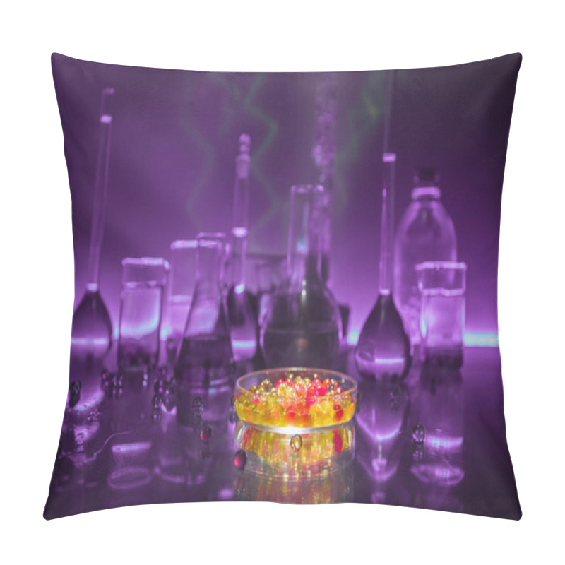 Personality  Pharmacy And Chemistry Theme. Test Glass Flask With Solution In Research Laboratory. Science And Medical Background. Laboratory Test Tubes On Dark Toned Background , Science Research Equipment Concept Pillow Covers