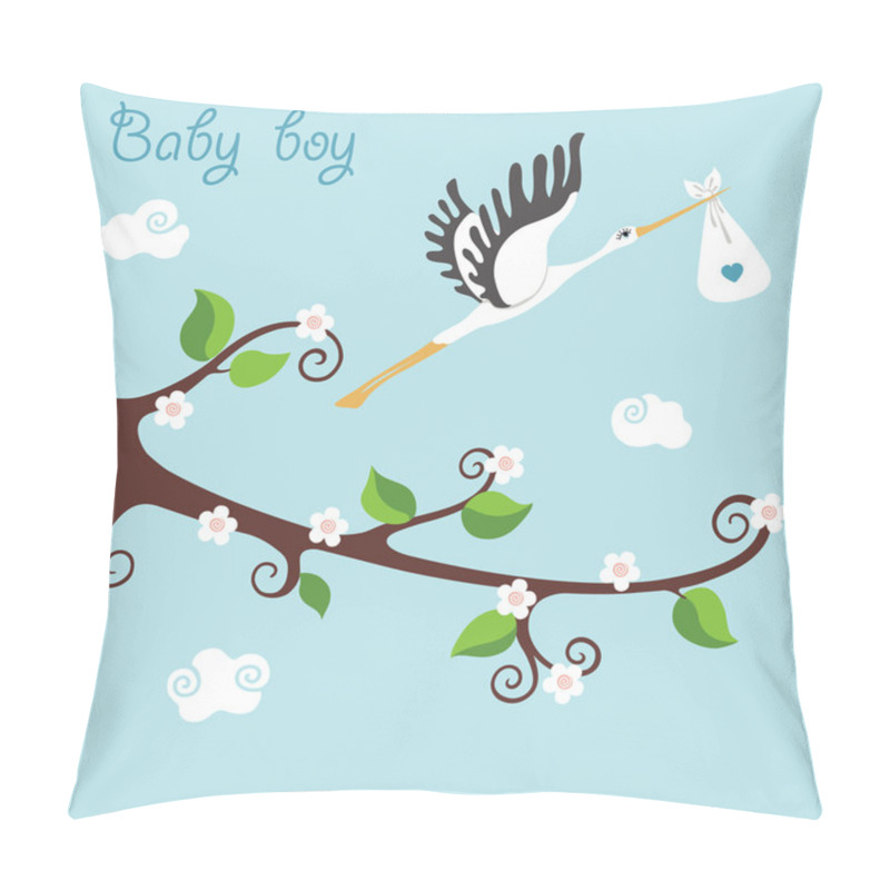 Personality  Cute Cartoon Flowering Branch.Flying Stork With Newborn Baby-boy Pillow Covers