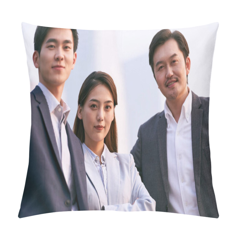 Personality  Outdoor Portrait Of Team Of Three Successful Asian Business People Looking At Camera Pillow Covers