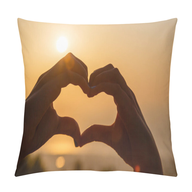 Personality  Female Hands Making Heart On Blurred Sunset Background Pillow Covers