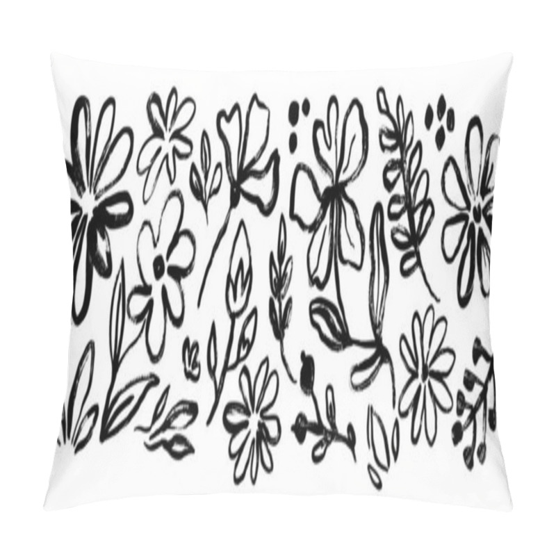 Personality  Abstract Ink Flower. Hand Drawn Brush Floral Silhouette. Sketch Strokes Natural Forms. Black Grunge Paint Flowers, Leaves, Blossom, Branches. Botanical Vector Set. Pillow Covers