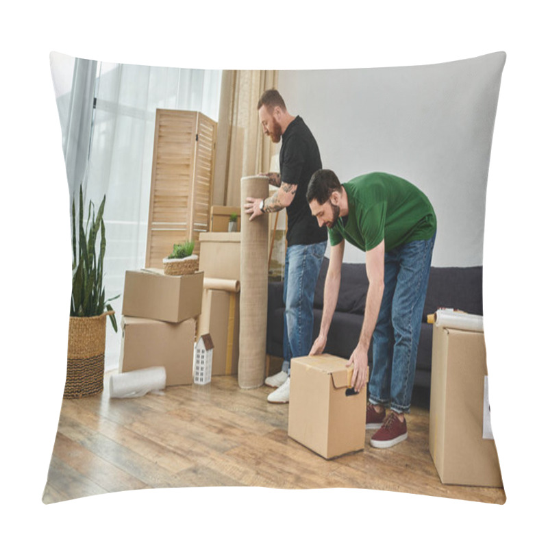 Personality  Two Men, A Gay Couple, Are Moving Boxes In Their Living Room In Preparation For Their New Life Together Pillow Covers