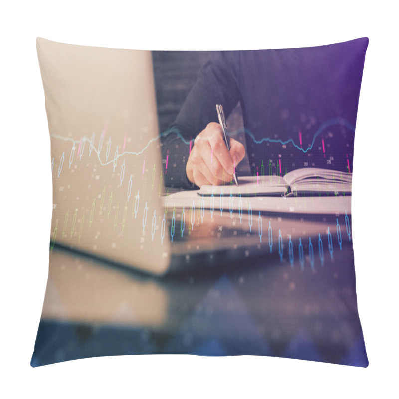 Personality  Double Exposure Of Businessman With Laptop And Stock Market Forex Chart. Pillow Covers