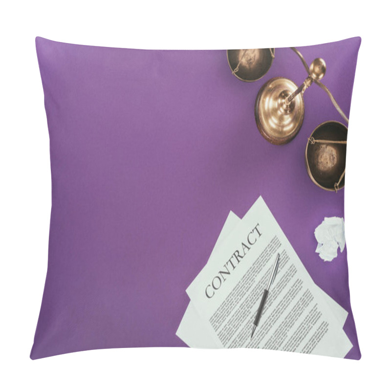 Personality  Top View Of Business Contract With Pen And Justice Scales On Purple Surface Pillow Covers