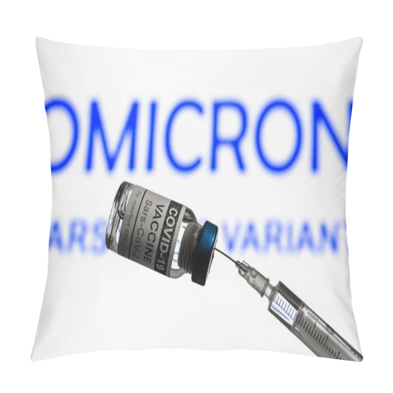 Personality  COVID-19 Vaccine And Syringe On Background Of Omicron Variant Info, Focus On Coronavirus Vaccine Bottle. Concept Of New Corona Virus Strains, Vaccine Research, Healthcare, Medical Injection And Shot. Pillow Covers