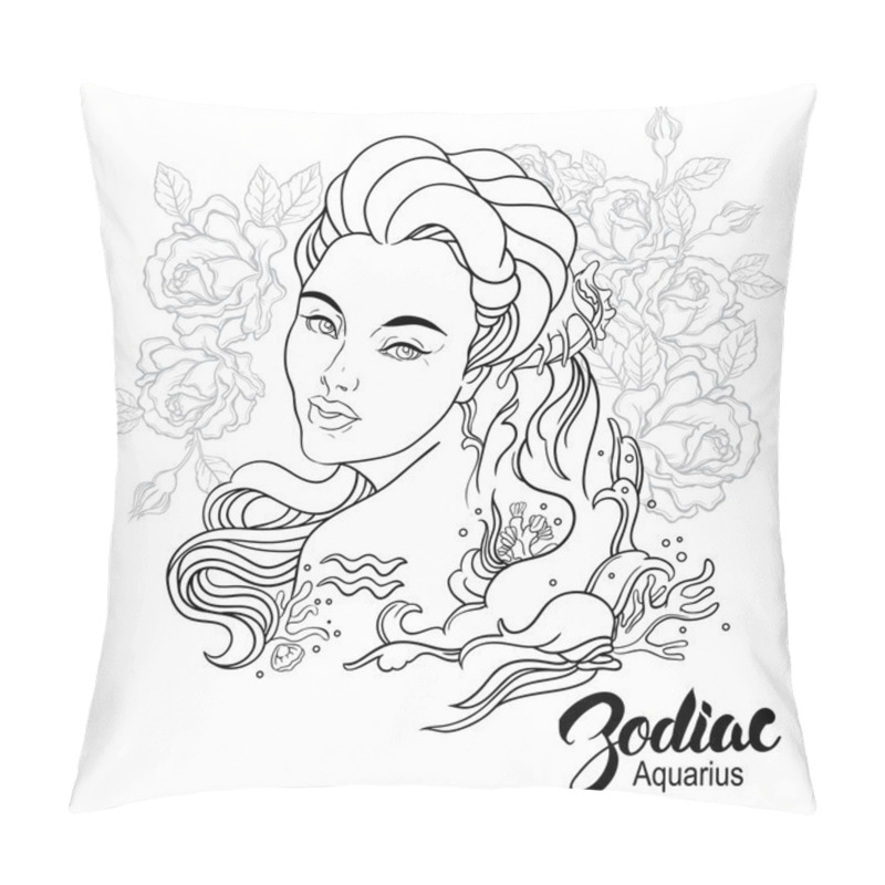 Personality  Zodiac. Vector Illustration Of Aquarius As Girl With Flowers. De Pillow Covers