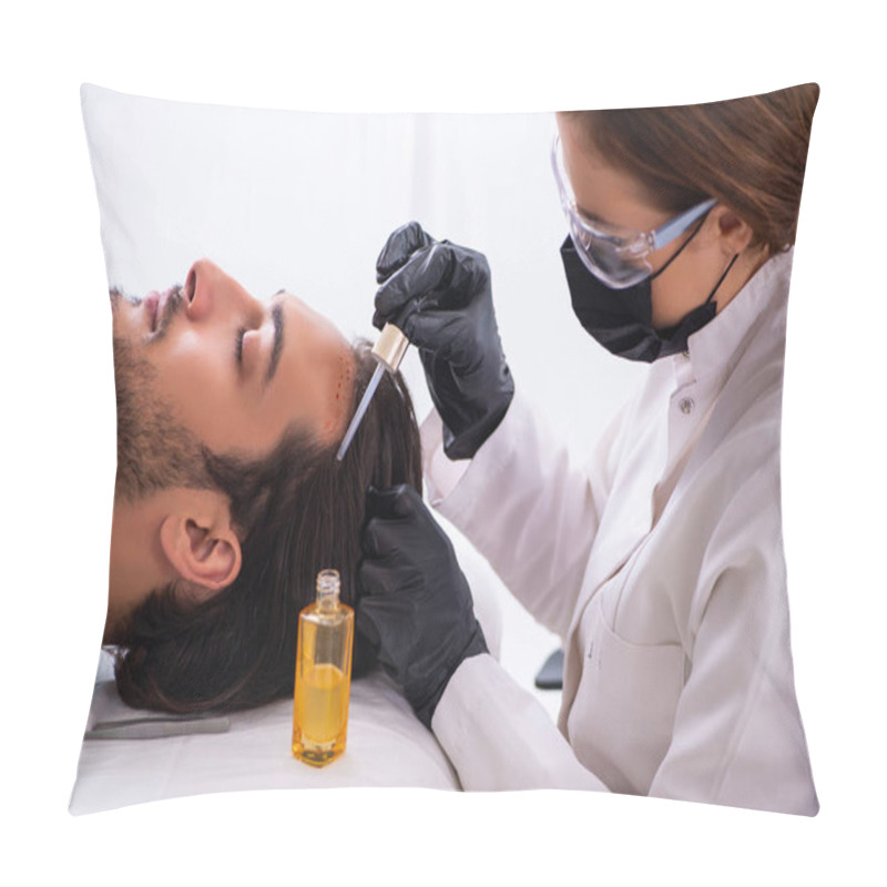 Personality  Young Man Visiting Female Beautician In Hair Transplantation Con Pillow Covers