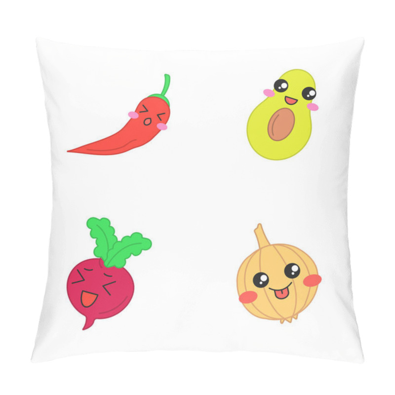 Personality  Vegetables Cute Kawaii Vector Characters. Avocado And Onion With Smiling Faces. Tired Chilli And Happy Beetroot. Laughing Food. Funny Emoji, Emoticon, Smile. Isolated Cartoon Color Illustration Pillow Covers