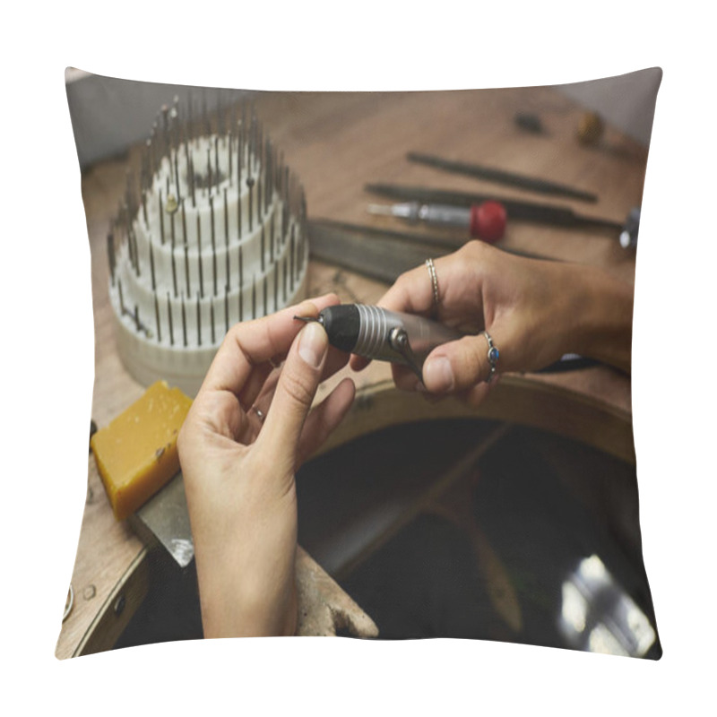 Personality  A Woman Meticulously Shapes A Beautiful Jewel While Surrounded By Tools And Materials. Pillow Covers