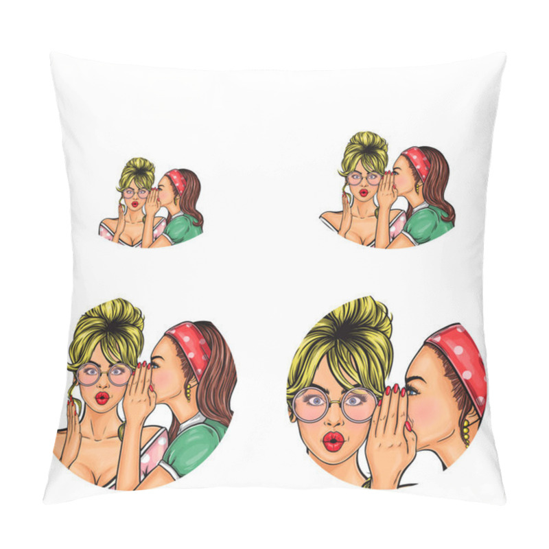 Personality  Vector Pop Art Social Network User Avatars Of Woman Speaking News Gossip In Girl Ear. Retro Sketch Profile Icons Pillow Covers