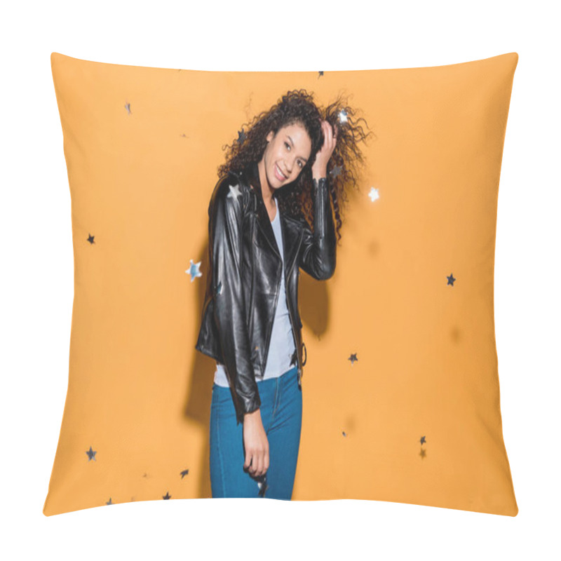 Personality  Smiling African American Girl Standing Near Shiny Confetti Stars On Orange Pillow Covers