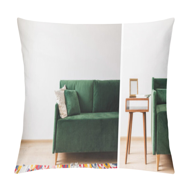 Personality  Collage Of Modern Green Sofa With Pillows In Spacious Room With Colorful Rug And Coffee Table Pillow Covers