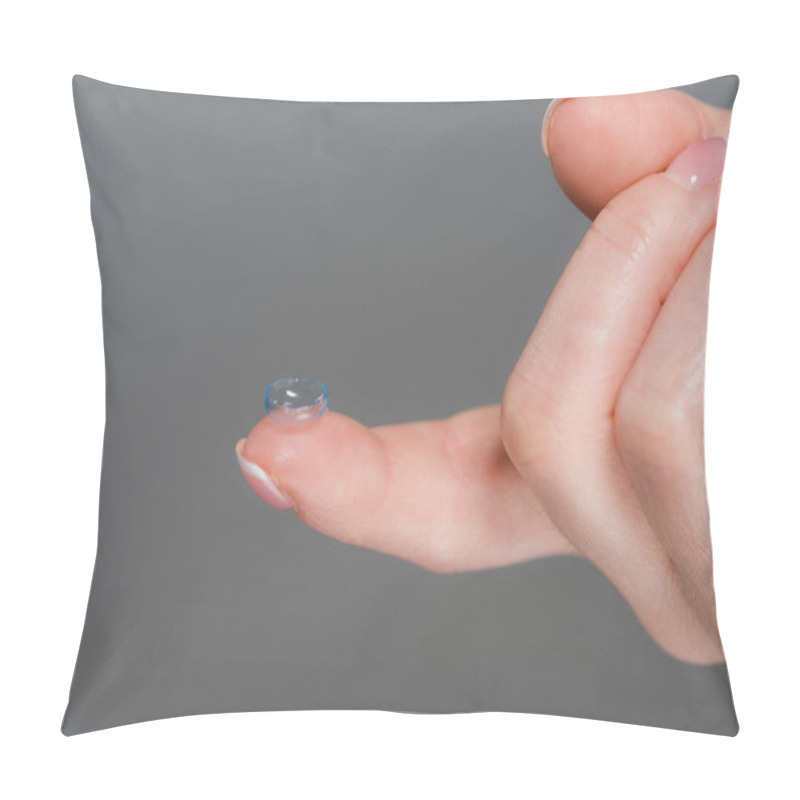 Personality  Cropped View Of Woman Holding Contact Lens Isolated On Grey  Pillow Covers