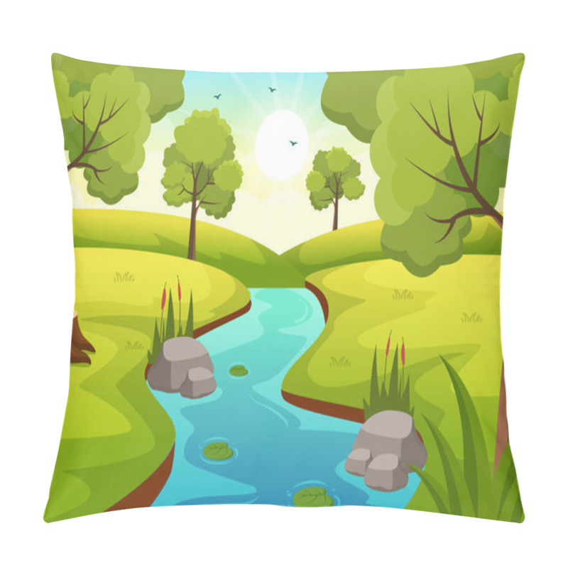 Personality  River Landscape Illustration With View Mountains, Green Fields, Trees And Forest Surrounding The Rivers In Flat Cartoon Hand Drawn Templates Pillow Covers